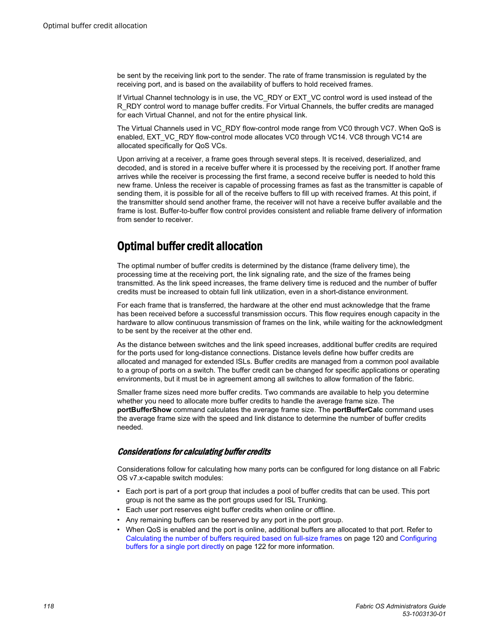 Optimal buffer credit allocation, Considerations for calculating buffer credits | Brocade Fabric OS Administrators Guide (Supporting Fabric OS v7.3.0) User Manual | Page 118 / 622