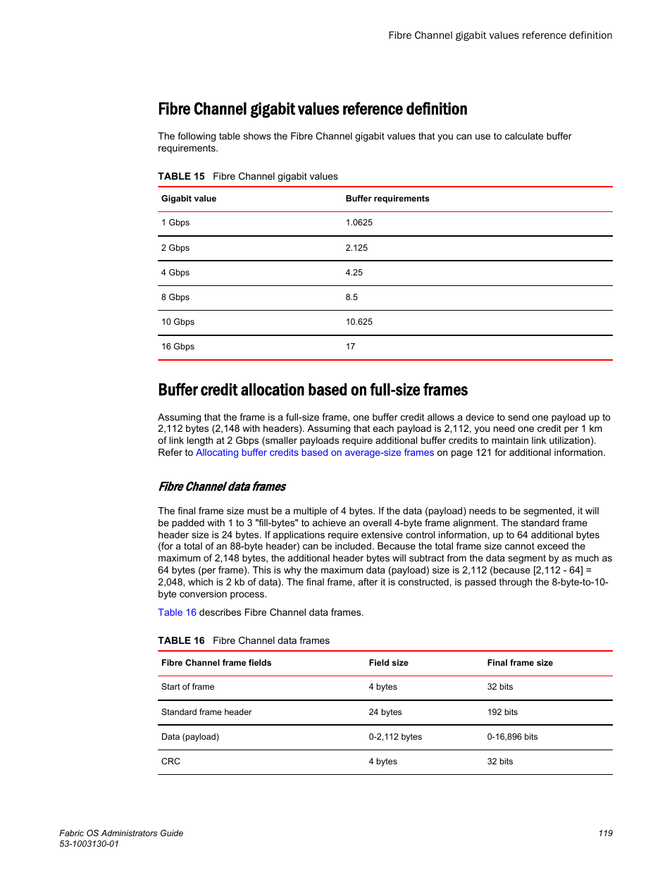 Fibre channel gigabit values reference definition, Buffer credit allocation based on full-size frames, Fibre channel data frames | Brocade Fabric OS Administrators Guide (Supporting Fabric OS v7.3.0) User Manual | Page 119 / 622