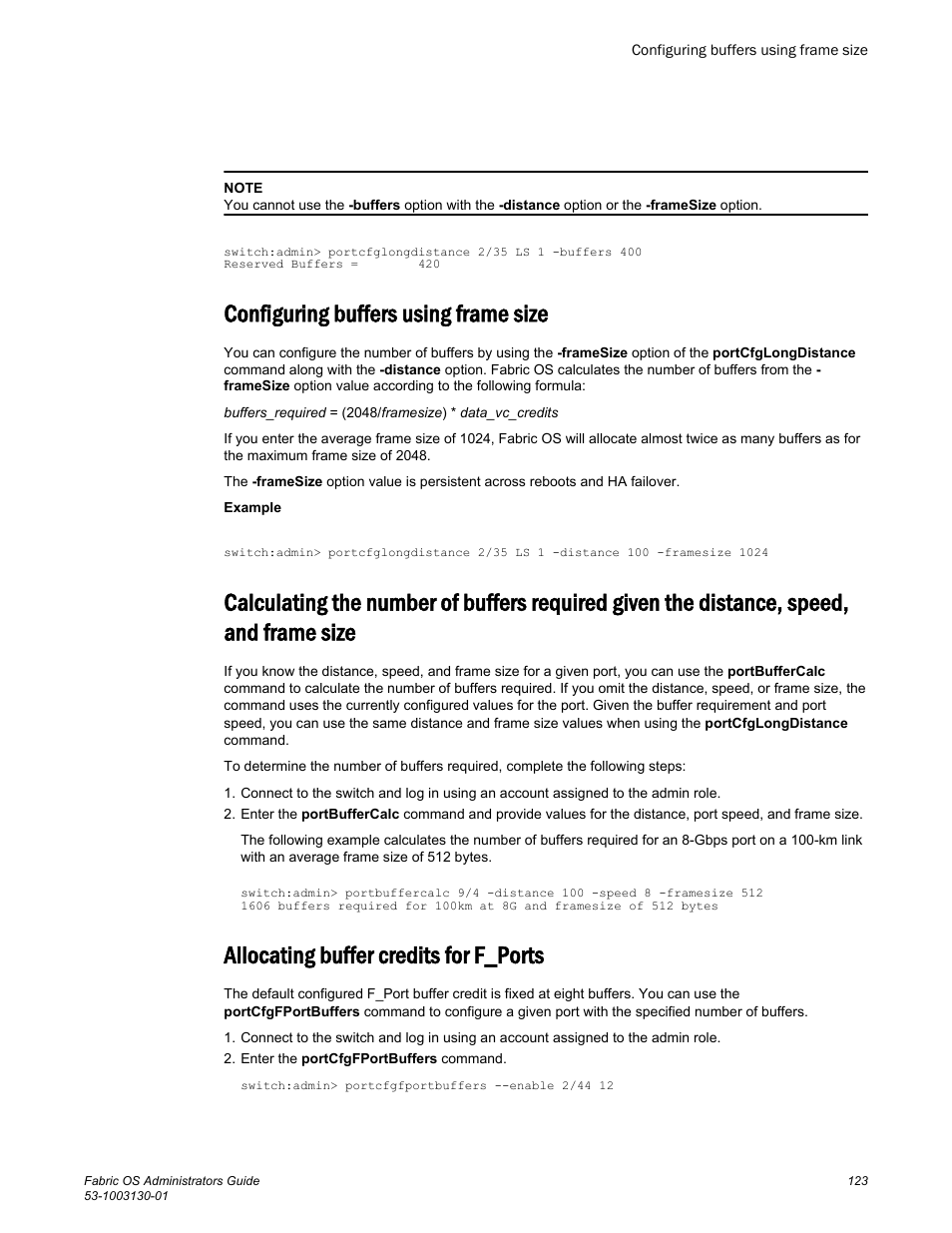 Configuring buffers using frame size, Allocating buffer credits for f_ports, Speed, and frame size | Brocade Fabric OS Administrators Guide (Supporting Fabric OS v7.3.0) User Manual | Page 123 / 622