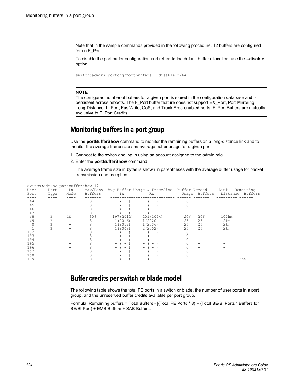 Monitoring buffers in a port group, Buffer credits per switch or blade model | Brocade Fabric OS Administrators Guide (Supporting Fabric OS v7.3.0) User Manual | Page 124 / 622
