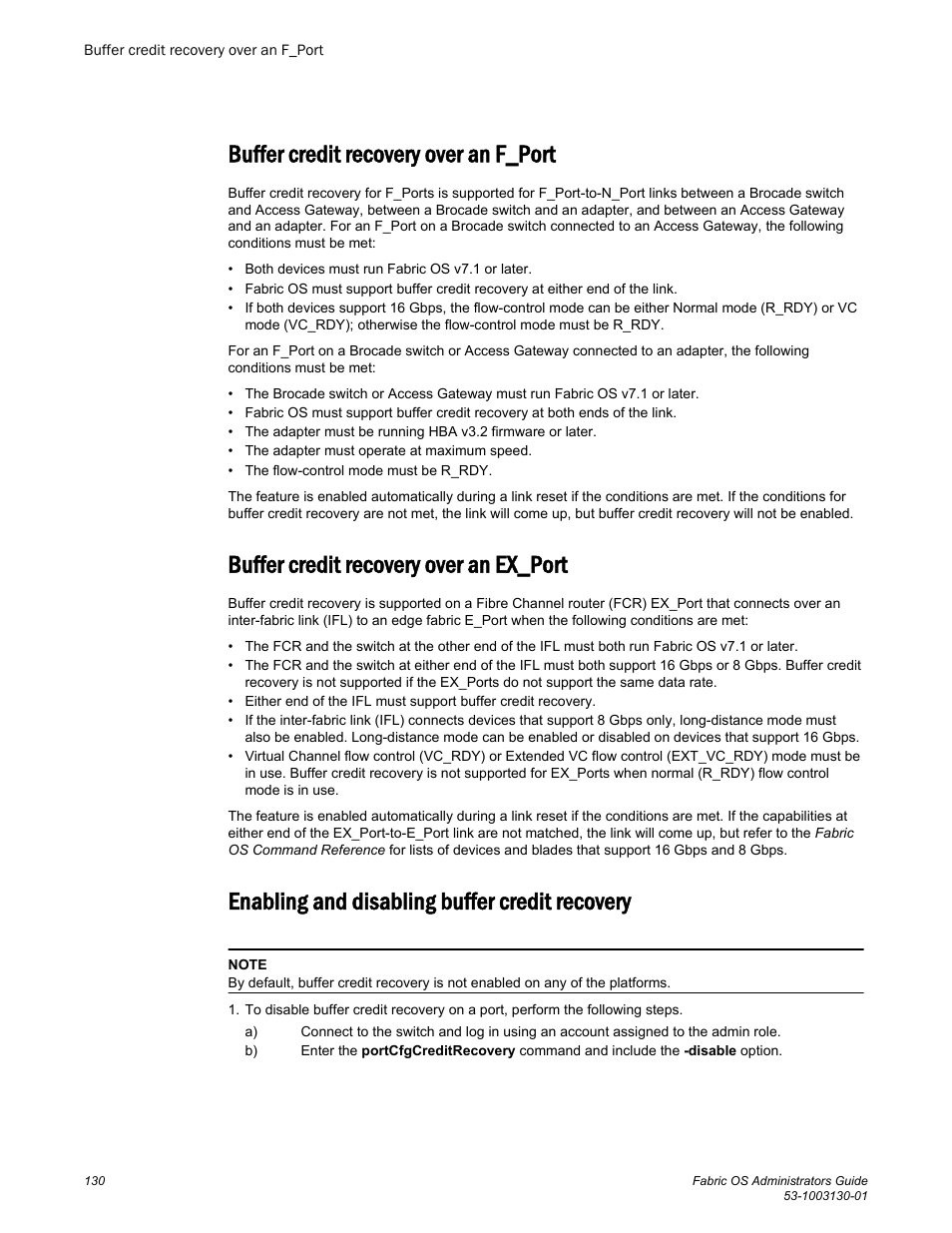 Buffer credit recovery over an f_port, Buffer credit recovery over an ex_port, Enabling and disabling buffer credit recovery | Brocade Fabric OS Administrators Guide (Supporting Fabric OS v7.3.0) User Manual | Page 130 / 622