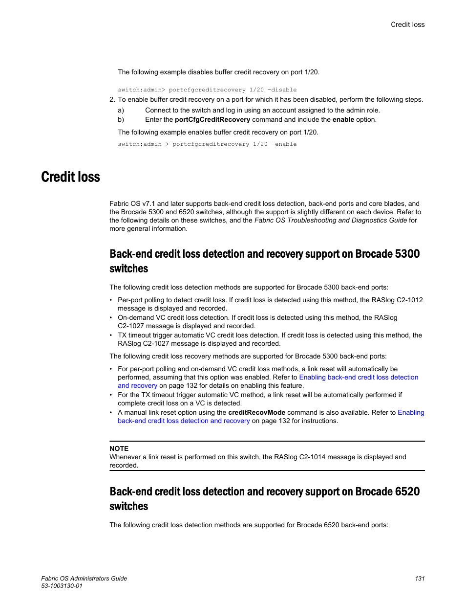 Credit loss, Brocade 5300 switches, Brocade 6520 switches | Brocade Fabric OS Administrators Guide (Supporting Fabric OS v7.3.0) User Manual | Page 131 / 622
