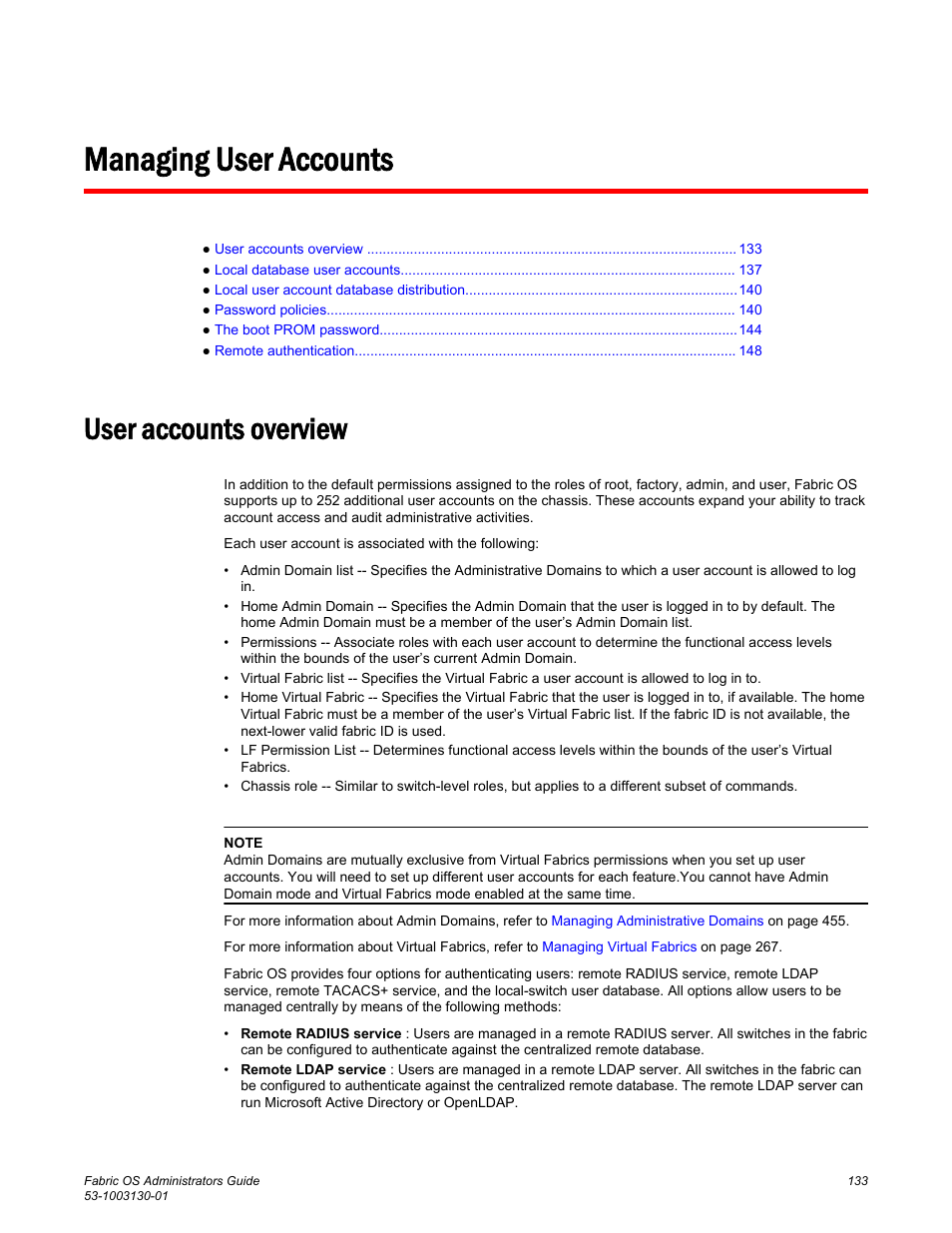 Managing user accounts, User accounts overview | Brocade Fabric OS Administrators Guide (Supporting Fabric OS v7.3.0) User Manual | Page 133 / 622