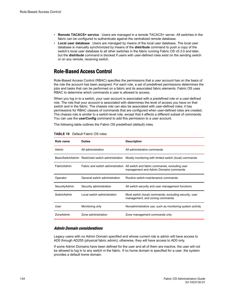 Role-based access control, Admin domain considerations | Brocade Fabric OS Administrators Guide (Supporting Fabric OS v7.3.0) User Manual | Page 134 / 622
