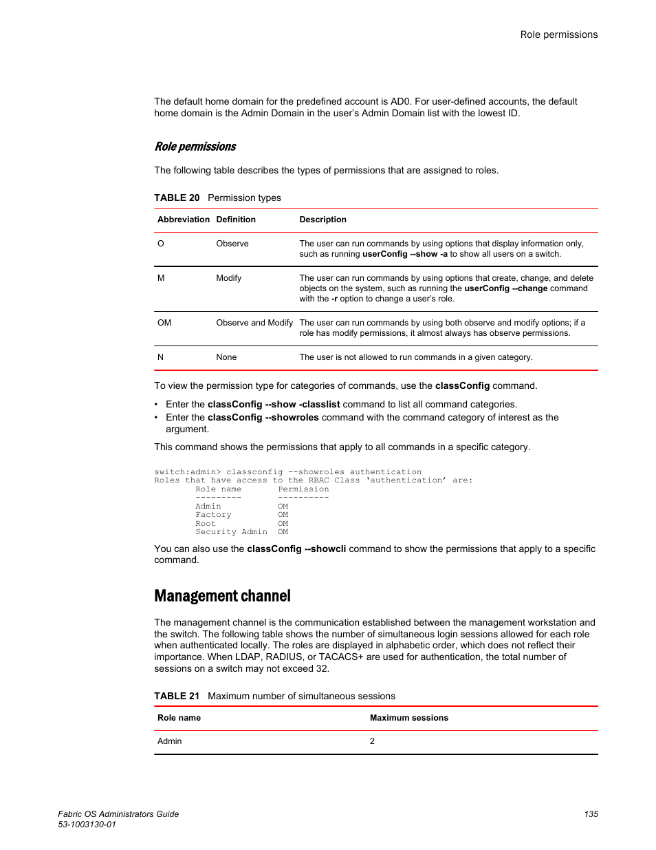 Role permissions, Management channel | Brocade Fabric OS Administrators Guide (Supporting Fabric OS v7.3.0) User Manual | Page 135 / 622