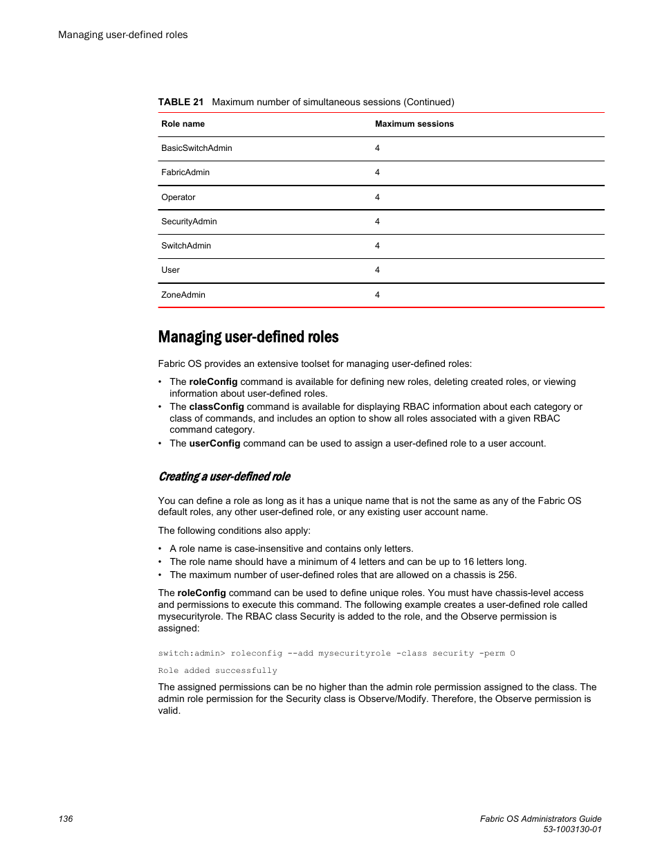 Managing user-defined roles, Creating a user-defined role | Brocade Fabric OS Administrators Guide (Supporting Fabric OS v7.3.0) User Manual | Page 136 / 622