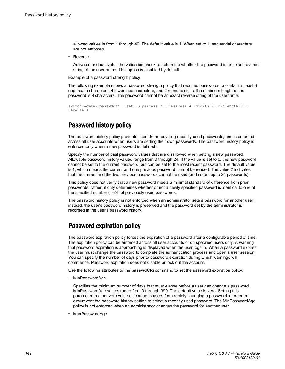 Password history policy, Password expiration policy, Password history policy password expiration policy | Brocade Fabric OS Administrators Guide (Supporting Fabric OS v7.3.0) User Manual | Page 142 / 622