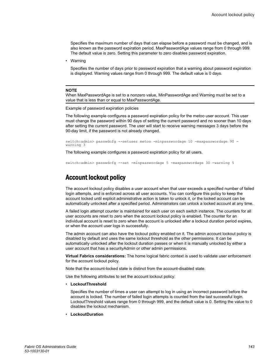 Account lockout policy | Brocade Fabric OS Administrators Guide (Supporting Fabric OS v7.3.0) User Manual | Page 143 / 622