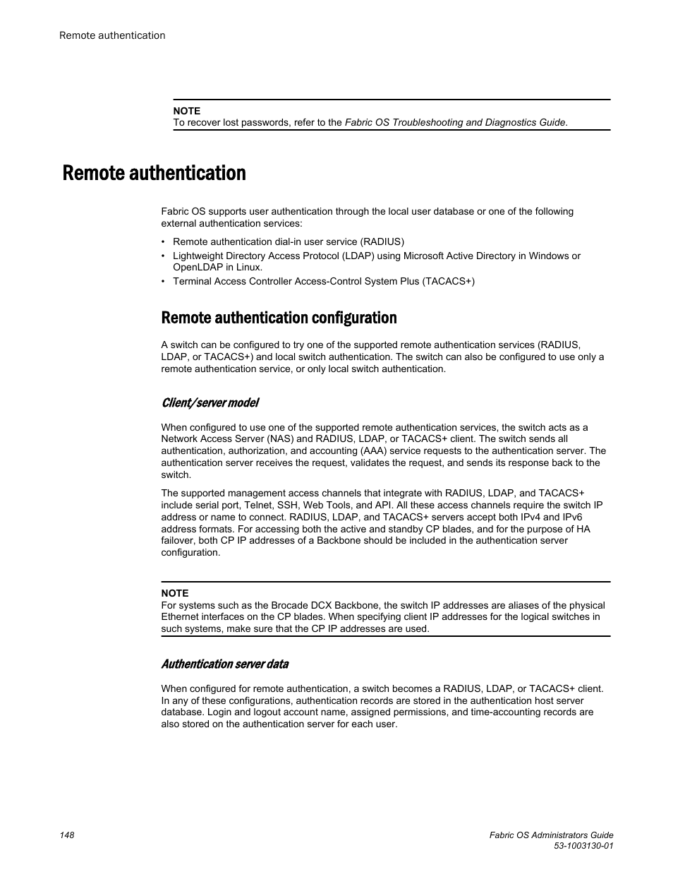 Remote authentication, Remote authentication configuration, Client/server model | Authentication server data | Brocade Fabric OS Administrators Guide (Supporting Fabric OS v7.3.0) User Manual | Page 148 / 622