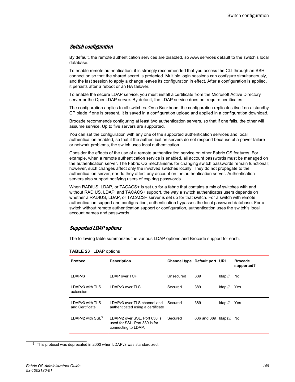 Switch configuration, Supported ldap options | Brocade Fabric OS Administrators Guide (Supporting Fabric OS v7.3.0) User Manual | Page 149 / 622