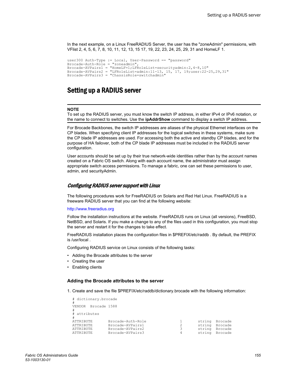 Setting up a radius server, Configuring radius server support with linux, Adding the brocade attributes to the server | Brocade Fabric OS Administrators Guide (Supporting Fabric OS v7.3.0) User Manual | Page 155 / 622