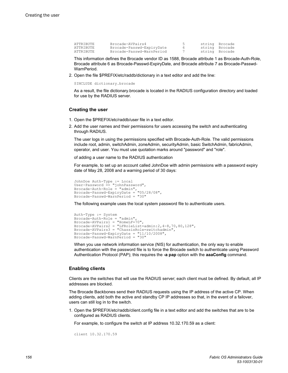 Creating the user, Enabling clients | Brocade Fabric OS Administrators Guide (Supporting Fabric OS v7.3.0) User Manual | Page 156 / 622