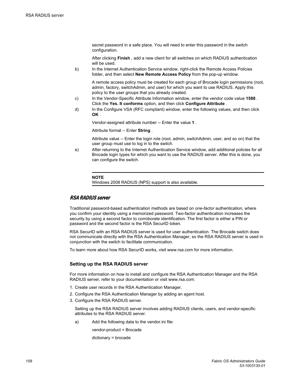 Rsa radius server, Setting up the rsa radius server | Brocade Fabric OS Administrators Guide (Supporting Fabric OS v7.3.0) User Manual | Page 158 / 622