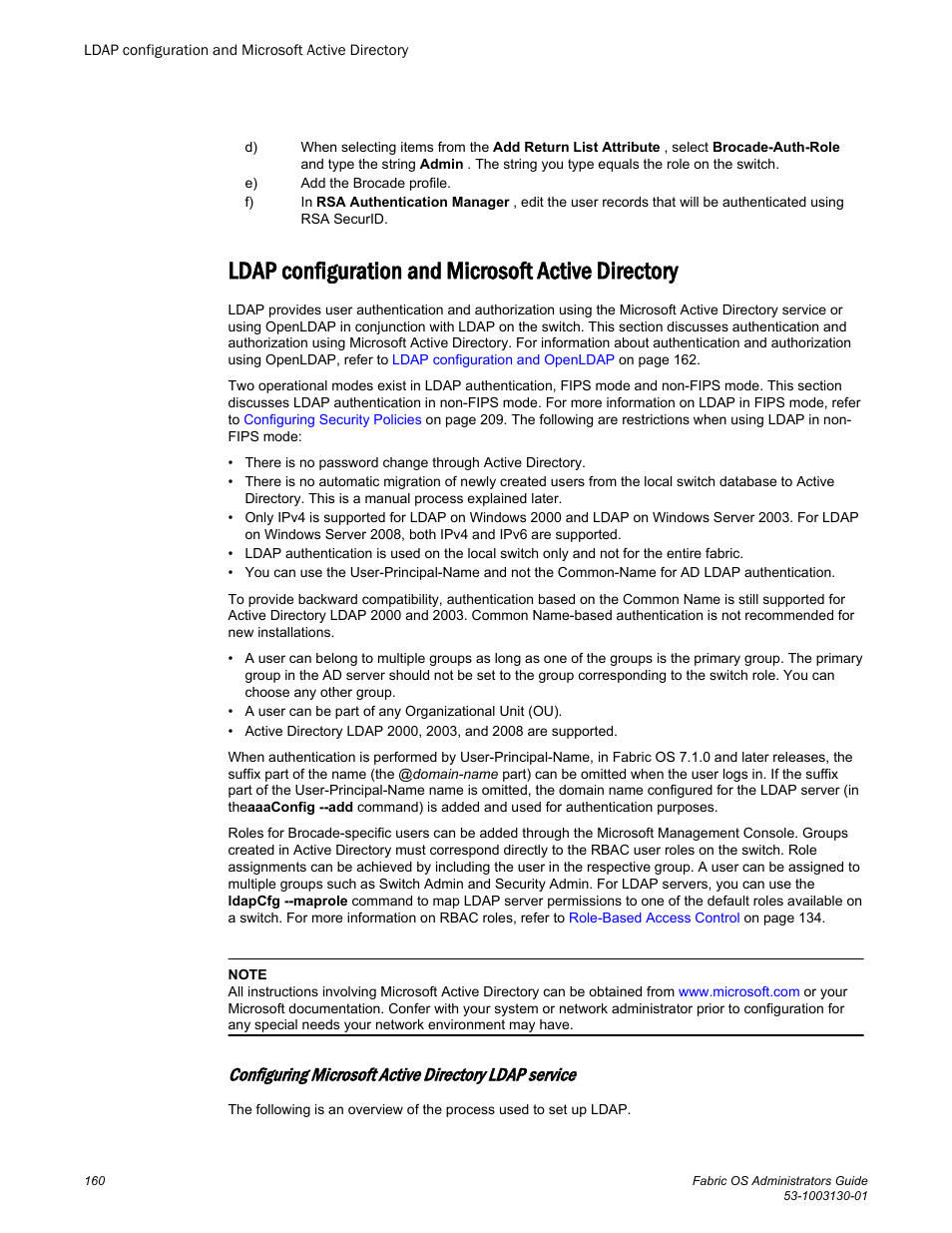 Ldap configuration and microsoft active directory | Brocade Fabric OS Administrators Guide (Supporting Fabric OS v7.3.0) User Manual | Page 160 / 622