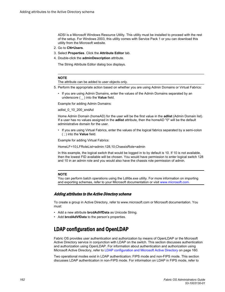 Adding attributes to the active directory schema, Ldap configuration and openldap, Using openldap, refer to | Brocade Fabric OS Administrators Guide (Supporting Fabric OS v7.3.0) User Manual | Page 162 / 622