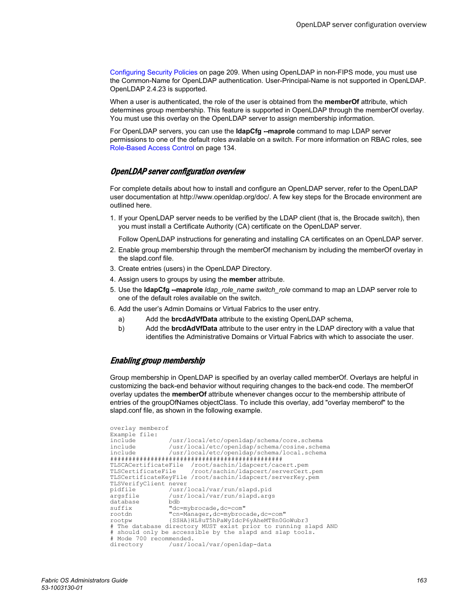 Openldap server configuration overview, Enabling group membership | Brocade Fabric OS Administrators Guide (Supporting Fabric OS v7.3.0) User Manual | Page 163 / 622