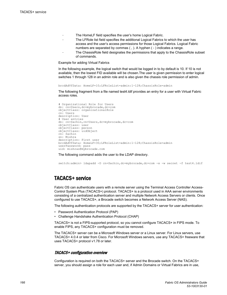 Tacacs+ service, Tacacs+ configuration overview | Brocade Fabric OS Administrators Guide (Supporting Fabric OS v7.3.0) User Manual | Page 166 / 622