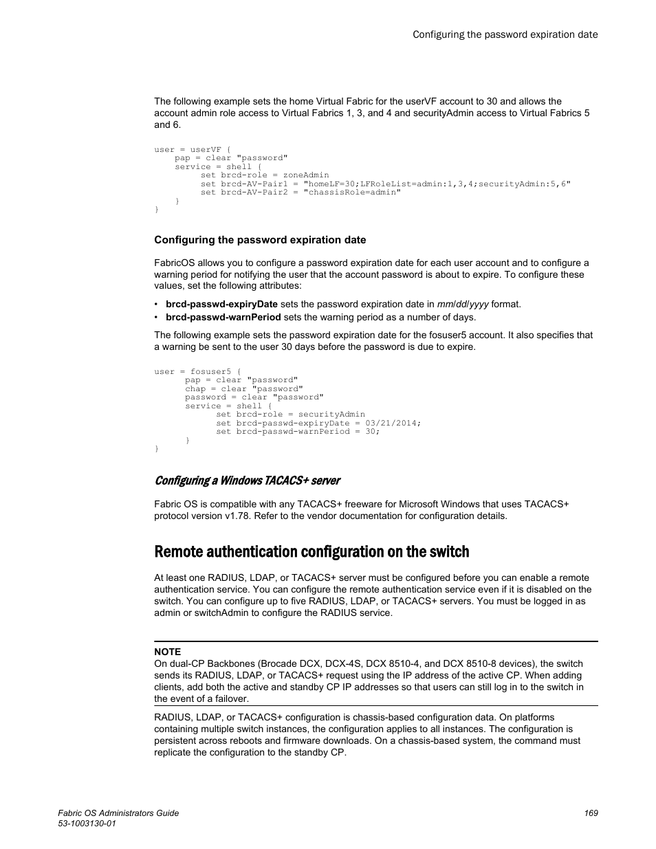 Configuring the password expiration date, Configuring a windows tacacs+ server, Remote authentication configuration on the switch | Refer to | Brocade Fabric OS Administrators Guide (Supporting Fabric OS v7.3.0) User Manual | Page 169 / 622