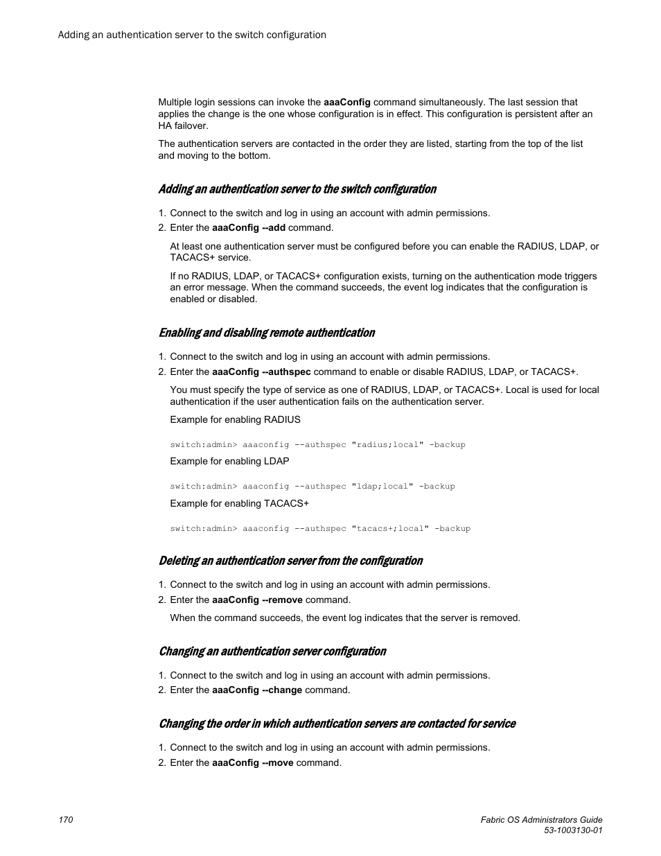 Enabling and disabling remote authentication, Changing an authentication server configuration | Brocade Fabric OS Administrators Guide (Supporting Fabric OS v7.3.0) User Manual | Page 170 / 622