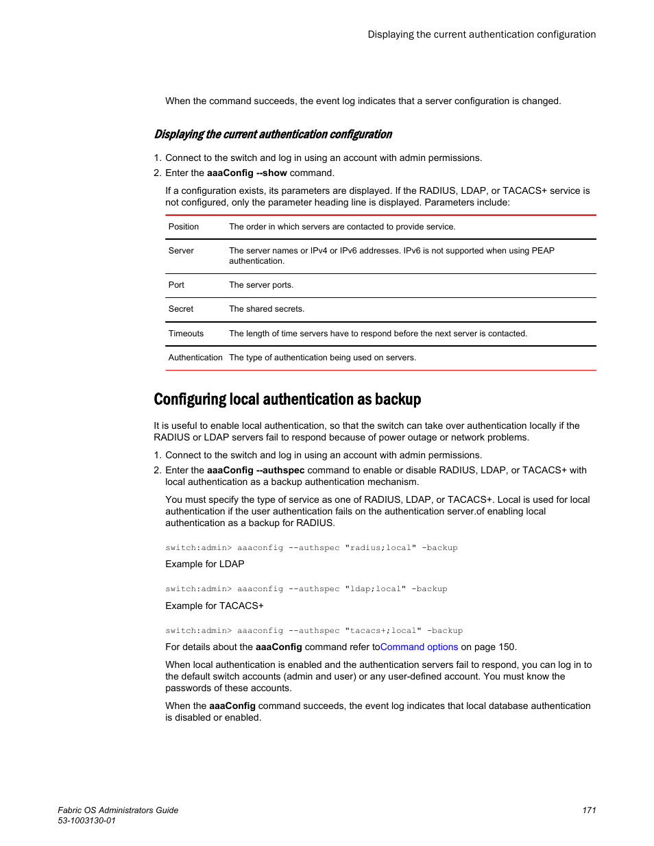 Configuring local authentication as backup | Brocade Fabric OS Administrators Guide (Supporting Fabric OS v7.3.0) User Manual | Page 171 / 622