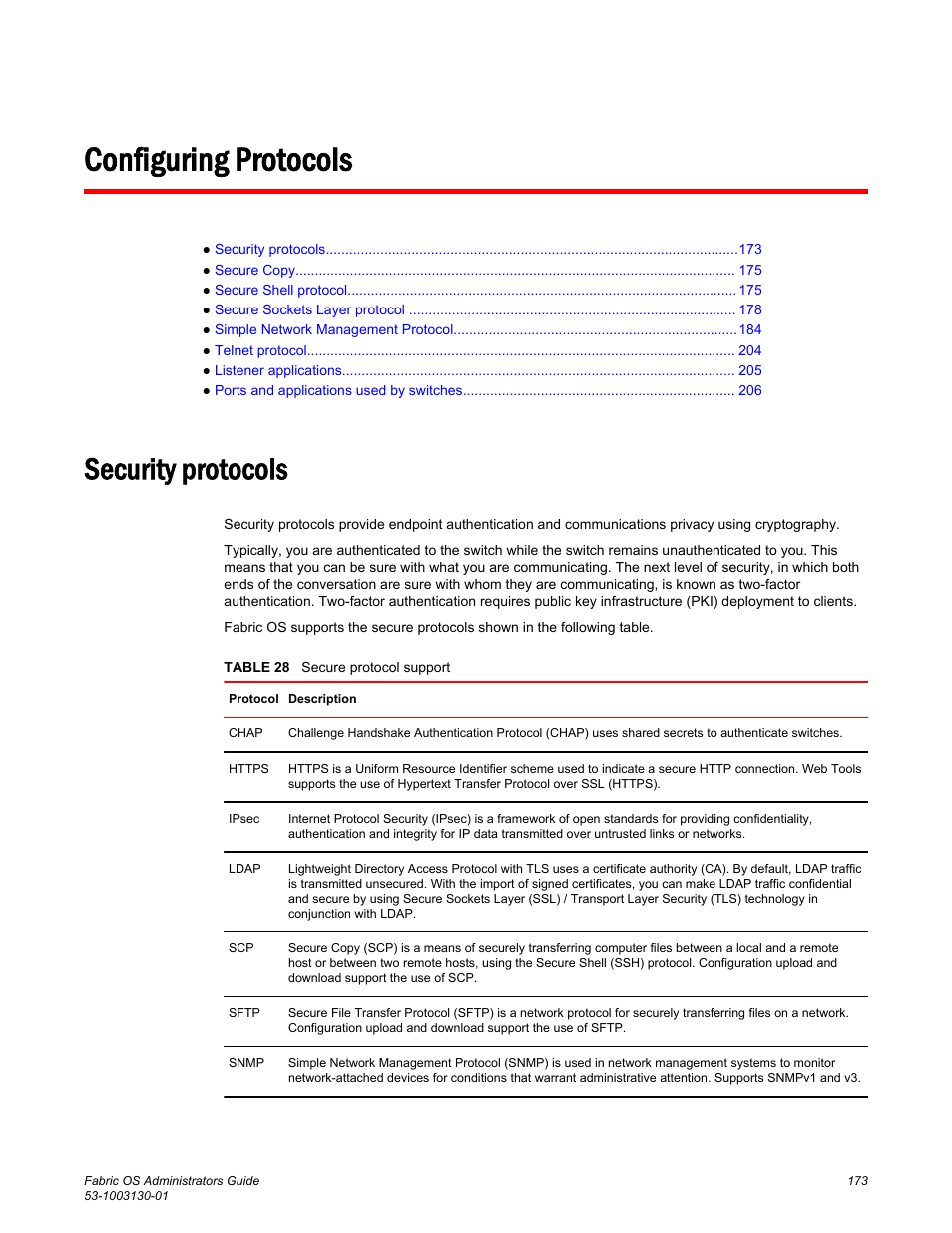 Configuring protocols, Security protocols | Brocade Fabric OS Administrators Guide (Supporting Fabric OS v7.3.0) User Manual | Page 173 / 622