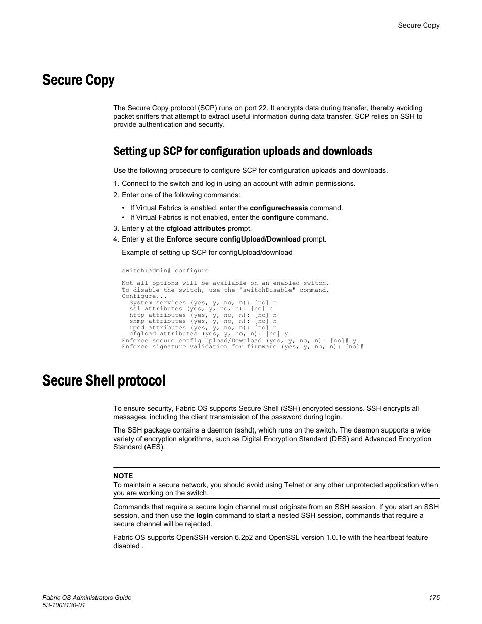 Secure copy, Secure shell protocol | Brocade Fabric OS Administrators Guide (Supporting Fabric OS v7.3.0) User Manual | Page 175 / 622