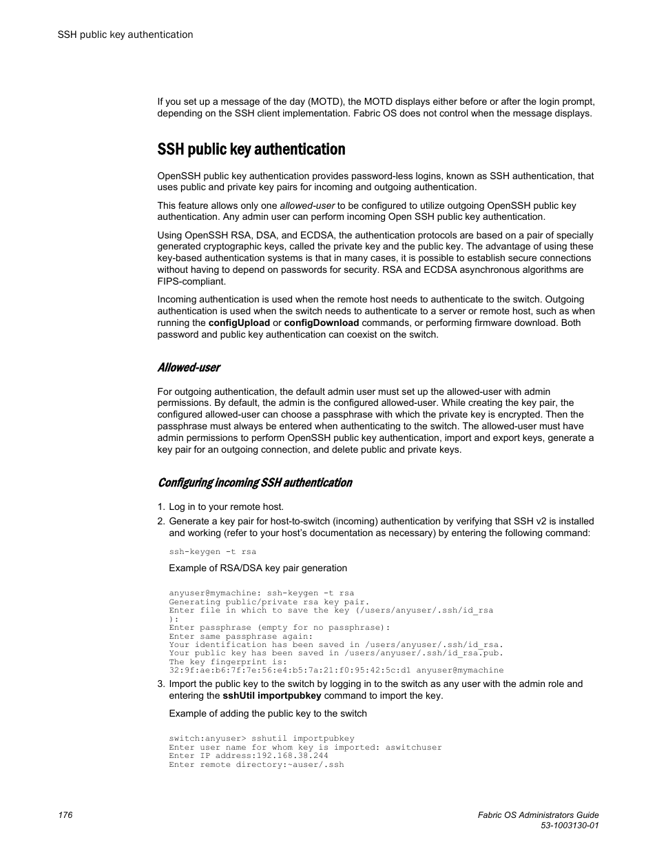 Ssh public key authentication, Allowed-user, Configuring incoming ssh authentication | Brocade Fabric OS Administrators Guide (Supporting Fabric OS v7.3.0) User Manual | Page 176 / 622