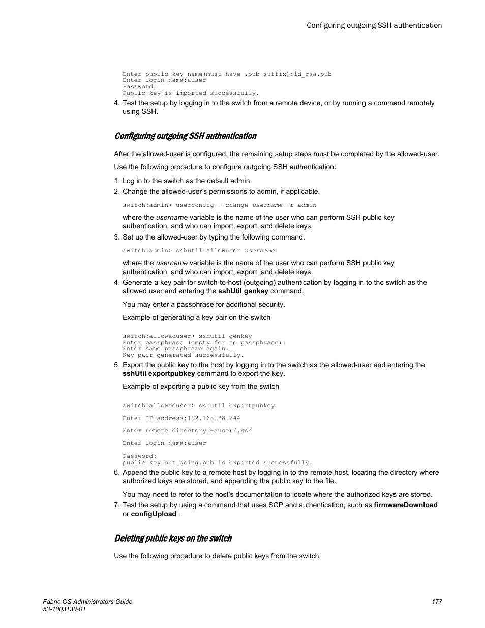 Configuring outgoing ssh authentication, Deleting public keys on the switch | Brocade Fabric OS Administrators Guide (Supporting Fabric OS v7.3.0) User Manual | Page 177 / 622
