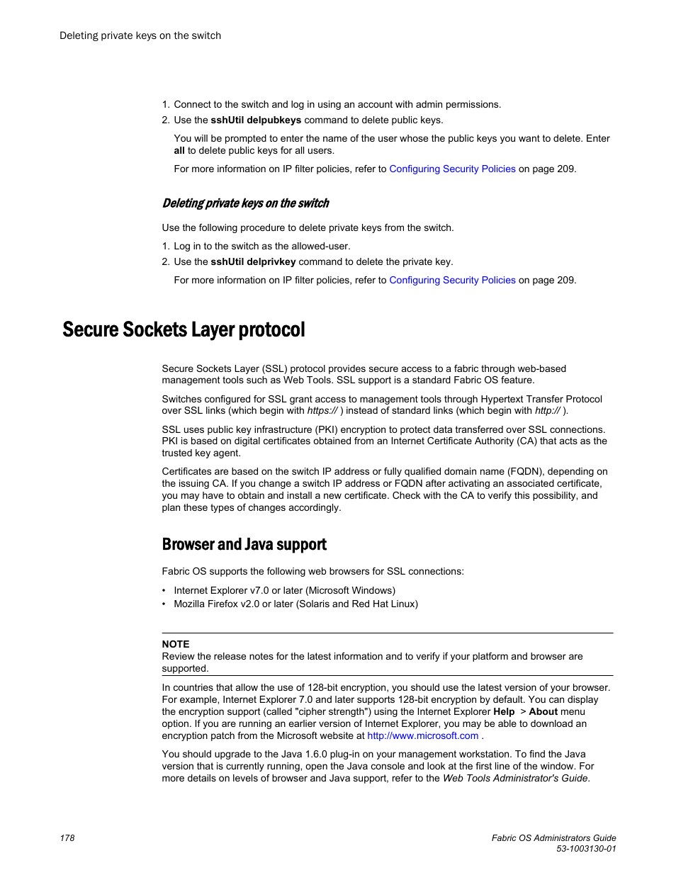 Deleting private keys on the switch, Secure sockets layer protocol, Browser and java support | Brocade Fabric OS Administrators Guide (Supporting Fabric OS v7.3.0) User Manual | Page 178 / 622