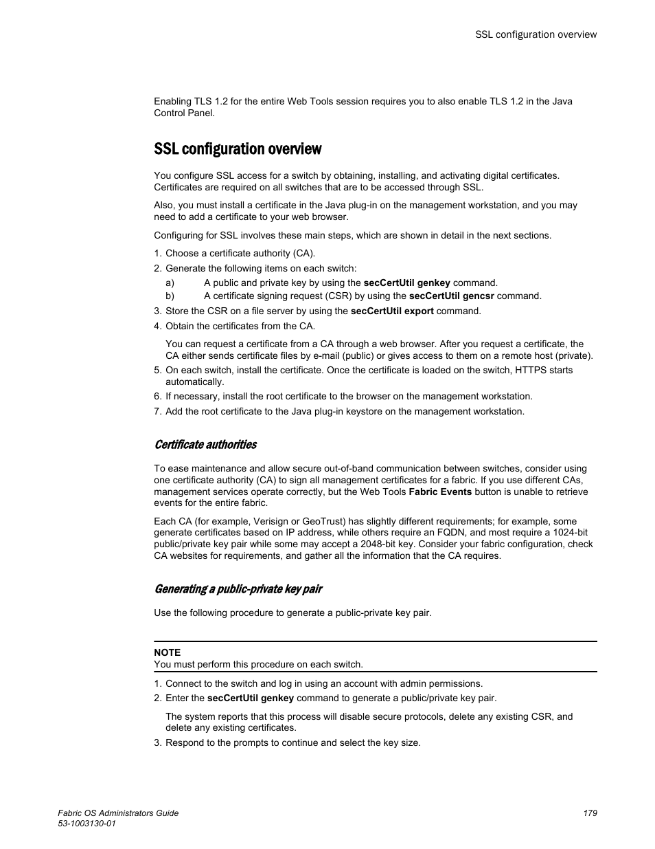 Ssl configuration overview, Certificate authorities, Generating a public-private key pair | Brocade Fabric OS Administrators Guide (Supporting Fabric OS v7.3.0) User Manual | Page 179 / 622