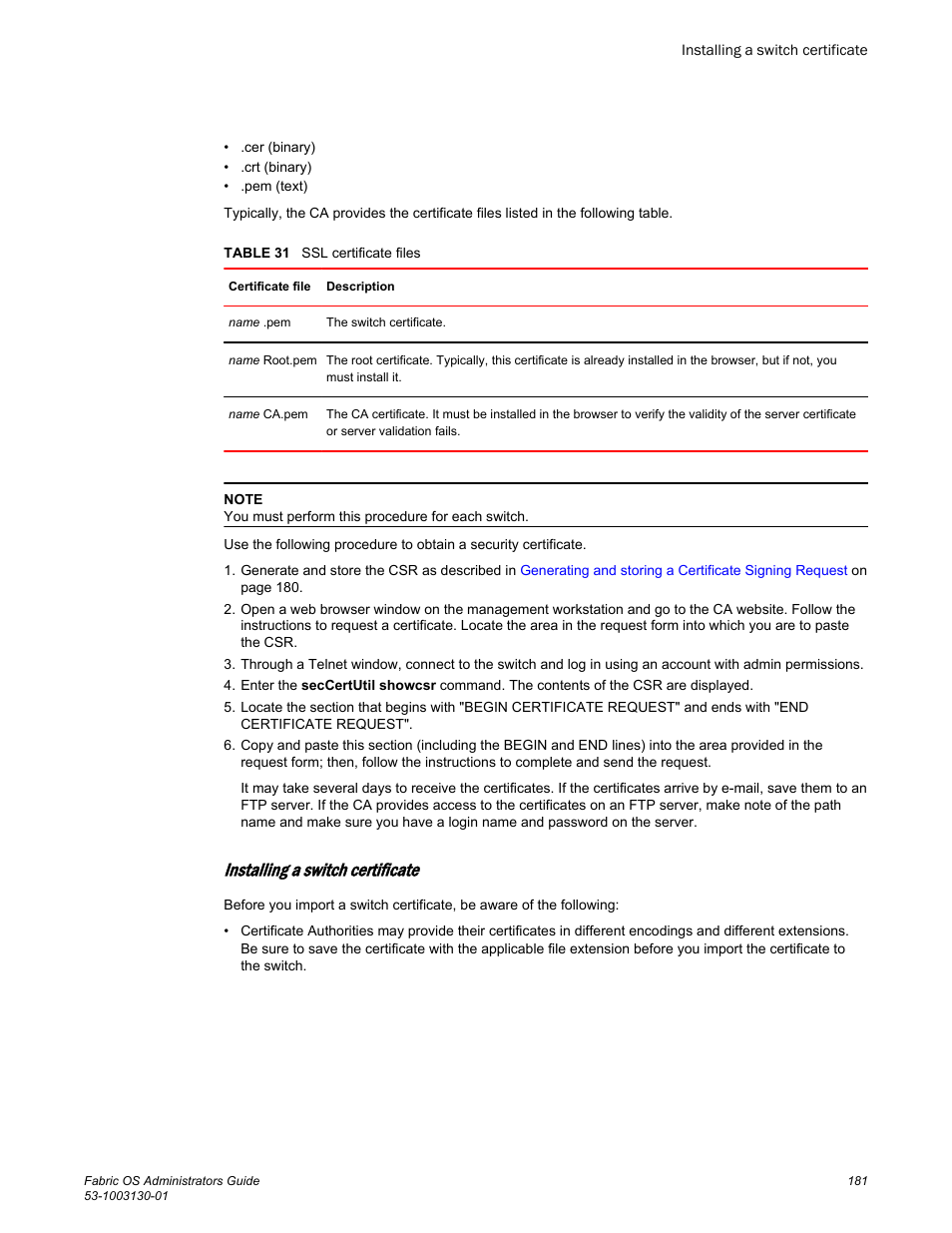 Installing a switch certificate | Brocade Fabric OS Administrators Guide (Supporting Fabric OS v7.3.0) User Manual | Page 181 / 622