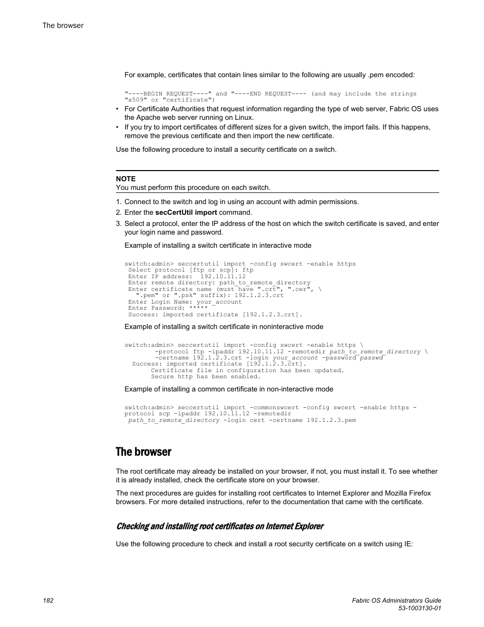 The browser | Brocade Fabric OS Administrators Guide (Supporting Fabric OS v7.3.0) User Manual | Page 182 / 622