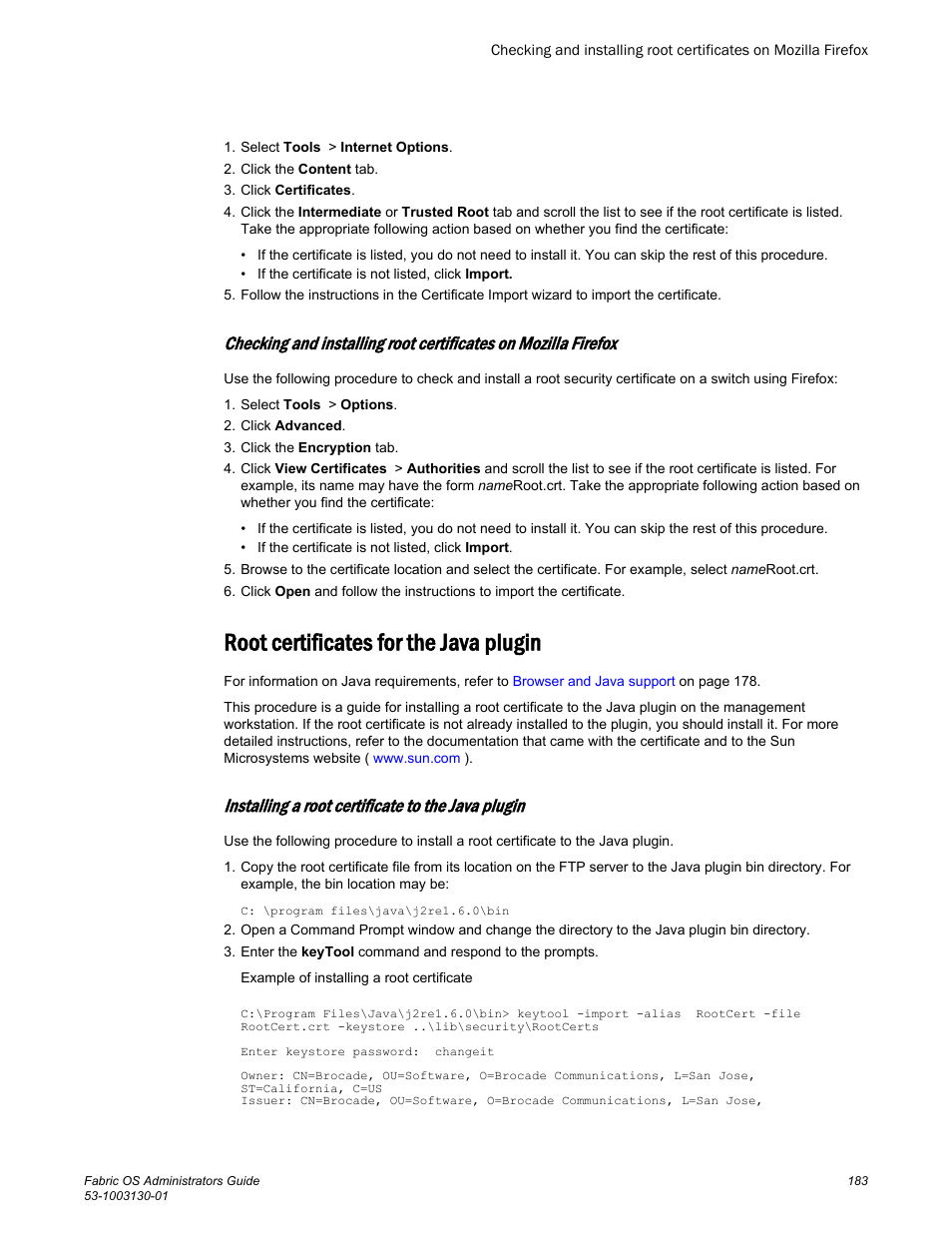 Root certificates for the java plugin, Installing a root certificate to the java plugin | Brocade Fabric OS Administrators Guide (Supporting Fabric OS v7.3.0) User Manual | Page 183 / 622