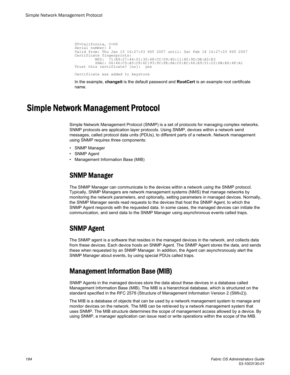 Simple network management protocol, Snmp manager, Snmp agent | Management information base (mib) | Brocade Fabric OS Administrators Guide (Supporting Fabric OS v7.3.0) User Manual | Page 184 / 622
