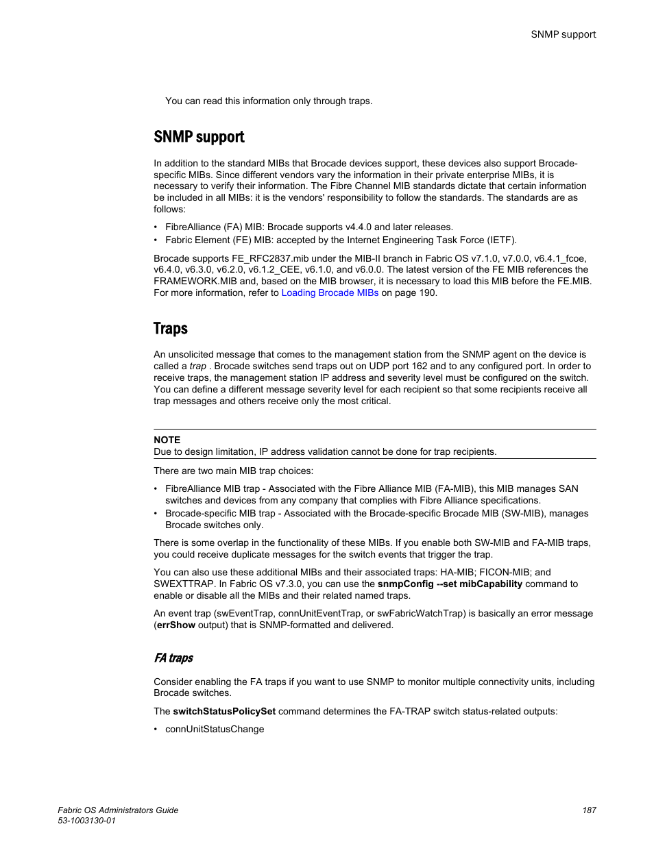 Snmp support, Traps, Fa traps | Snmp support traps | Brocade Fabric OS Administrators Guide (Supporting Fabric OS v7.3.0) User Manual | Page 187 / 622