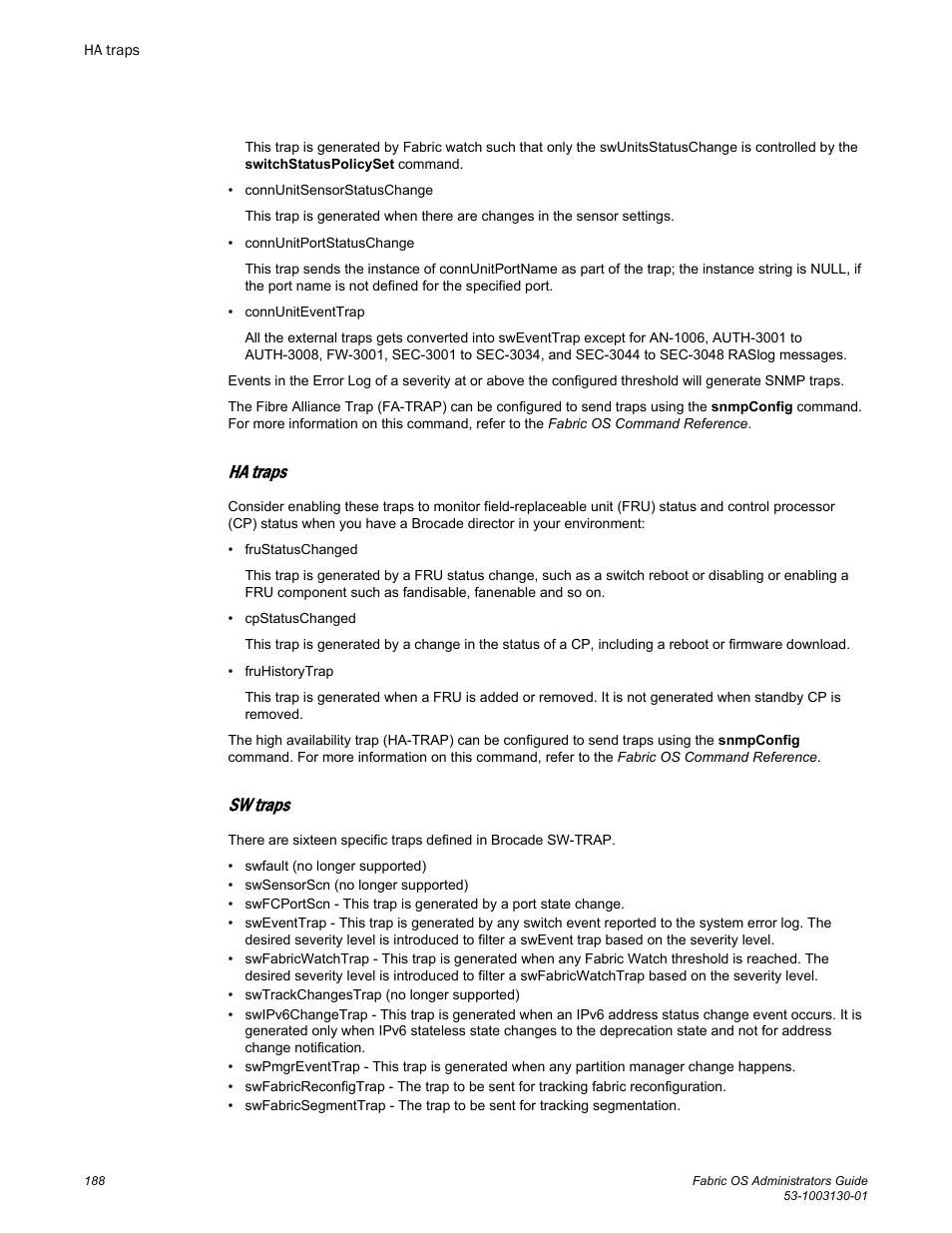 Ha traps, Sw traps | Brocade Fabric OS Administrators Guide (Supporting Fabric OS v7.3.0) User Manual | Page 188 / 622