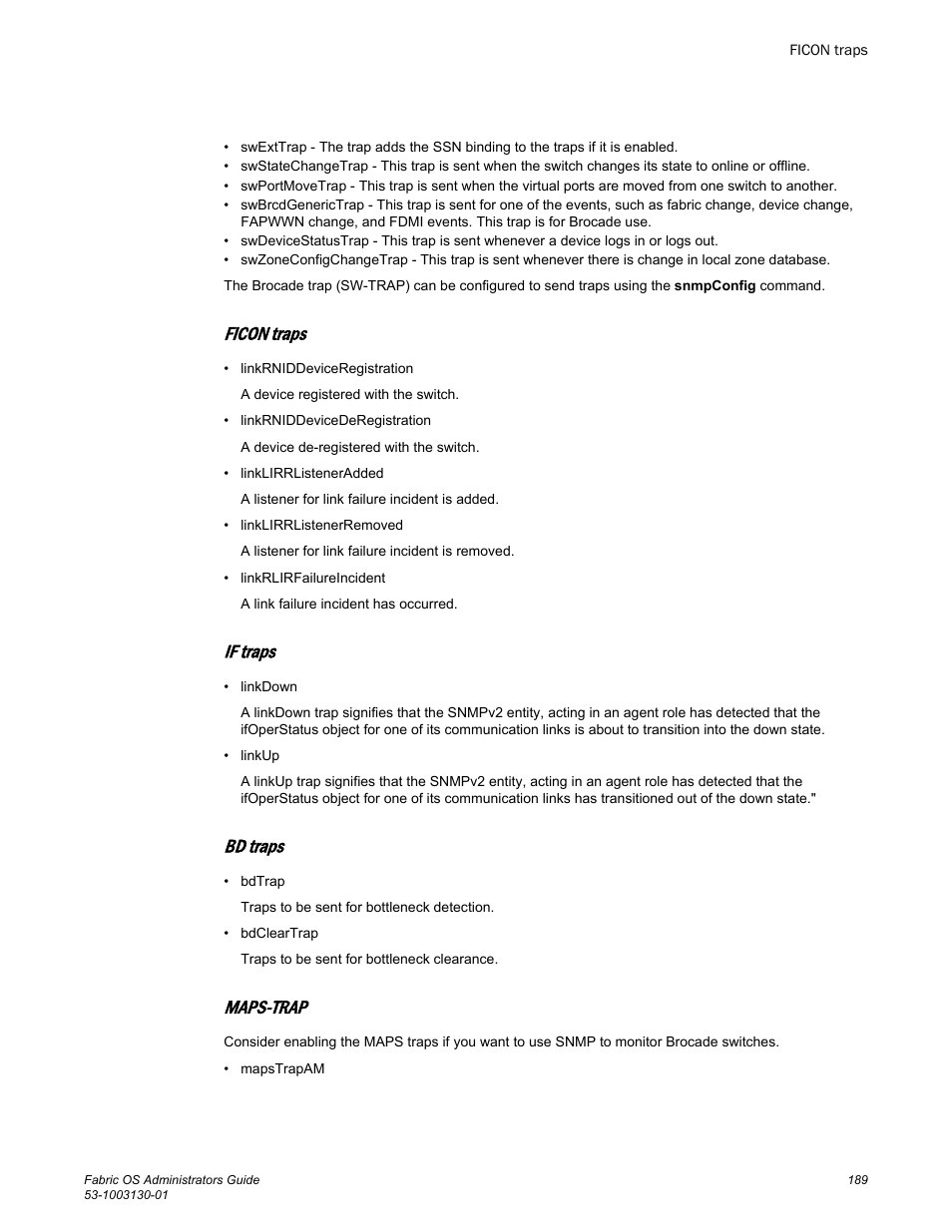 Ficon traps, If traps, Bd traps | Maps-trap | Brocade Fabric OS Administrators Guide (Supporting Fabric OS v7.3.0) User Manual | Page 189 / 622