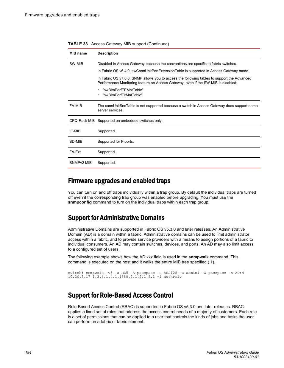 Firmware upgrades and enabled traps, Support for administrative domains, Support for role-based access control | Brocade Fabric OS Administrators Guide (Supporting Fabric OS v7.3.0) User Manual | Page 194 / 622