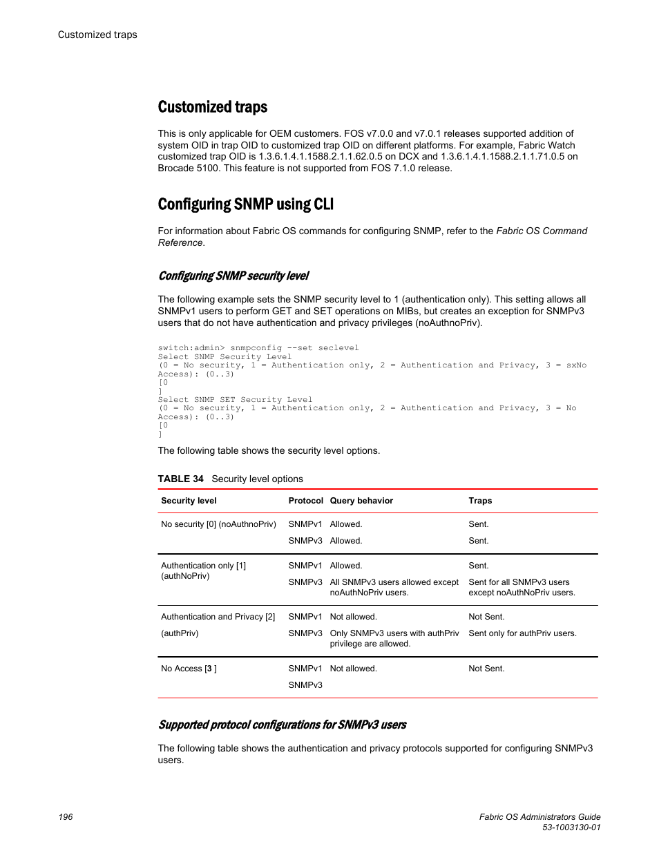 Customized traps, Configuring snmp using cli, Configuring snmp security level | Supported protocol configurations for snmpv3 users, Customized traps configuring snmp using cli | Brocade Fabric OS Administrators Guide (Supporting Fabric OS v7.3.0) User Manual | Page 196 / 622