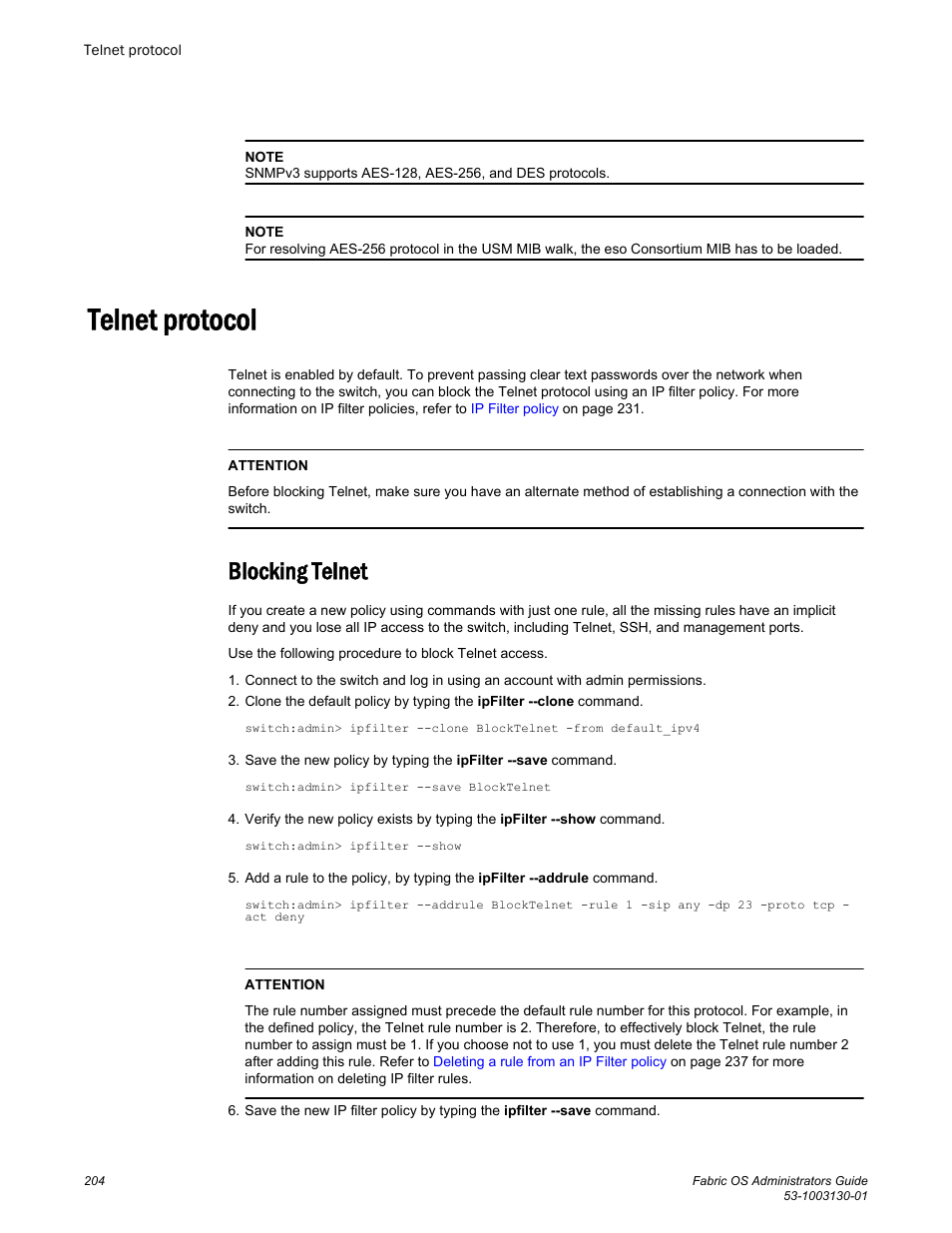 Telnet protocol, Blocking telnet | Brocade Fabric OS Administrators Guide (Supporting Fabric OS v7.3.0) User Manual | Page 204 / 622