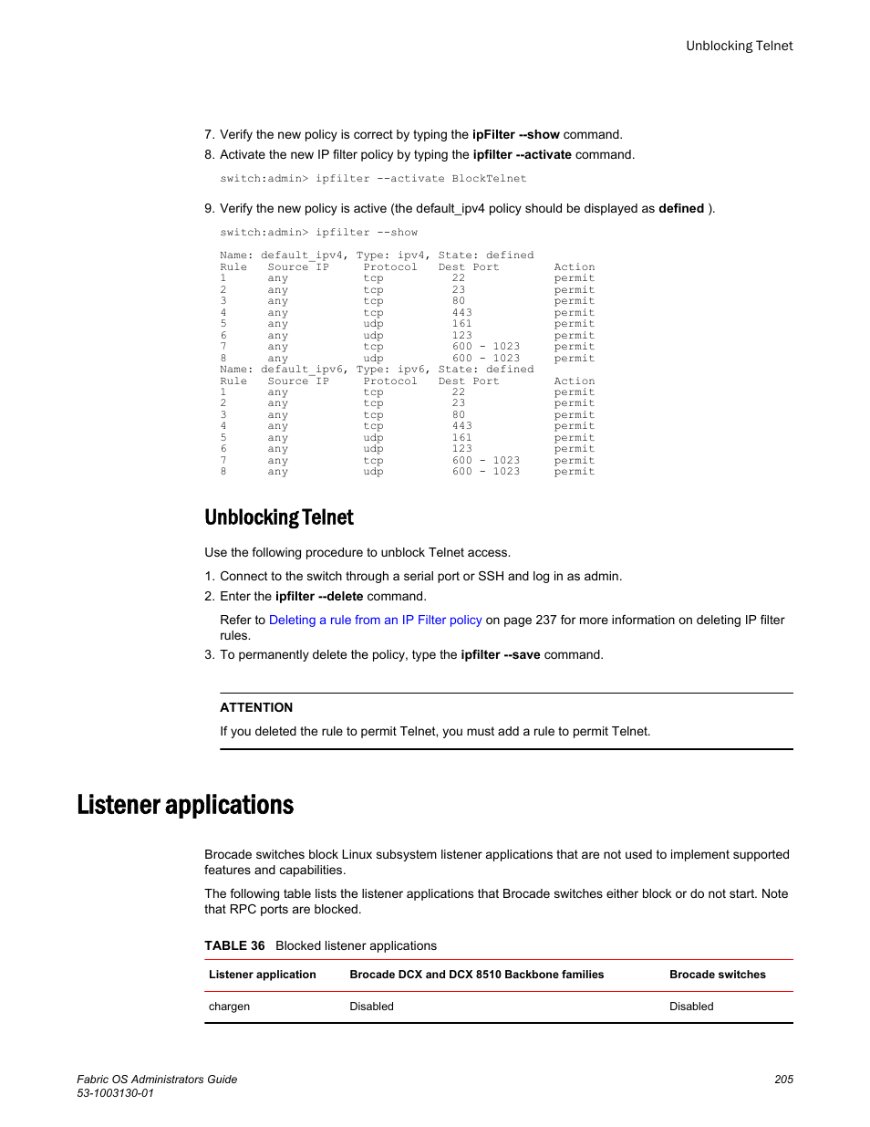 Unblocking telnet, Listener applications | Brocade Fabric OS Administrators Guide (Supporting Fabric OS v7.3.0) User Manual | Page 205 / 622