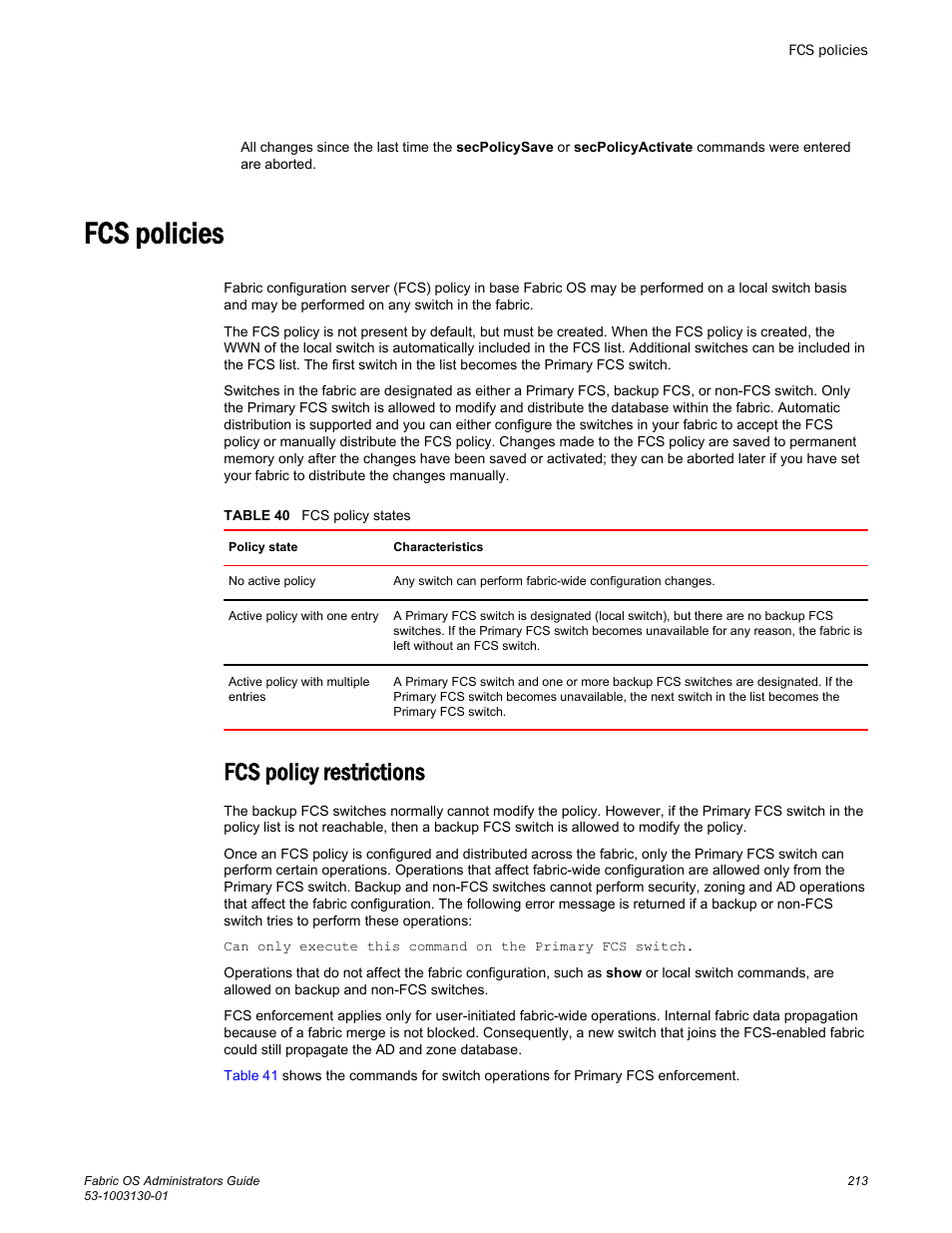 Fcs policies, Fcs policy restrictions | Brocade Fabric OS Administrators Guide (Supporting Fabric OS v7.3.0) User Manual | Page 213 / 622