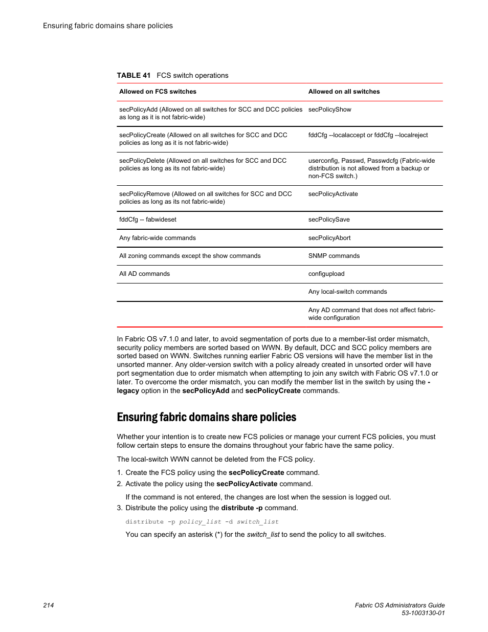 Ensuring fabric domains share policies | Brocade Fabric OS Administrators Guide (Supporting Fabric OS v7.3.0) User Manual | Page 214 / 622