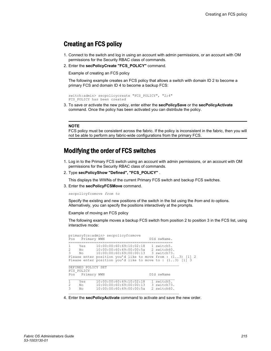 Creating an fcs policy, Modifying the order of fcs switches | Brocade Fabric OS Administrators Guide (Supporting Fabric OS v7.3.0) User Manual | Page 215 / 622