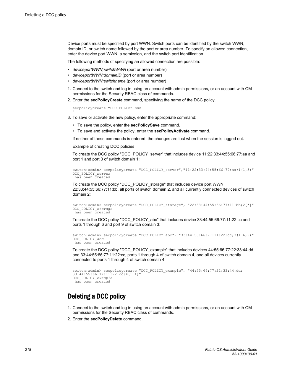 Deleting a dcc policy | Brocade Fabric OS Administrators Guide (Supporting Fabric OS v7.3.0) User Manual | Page 218 / 622