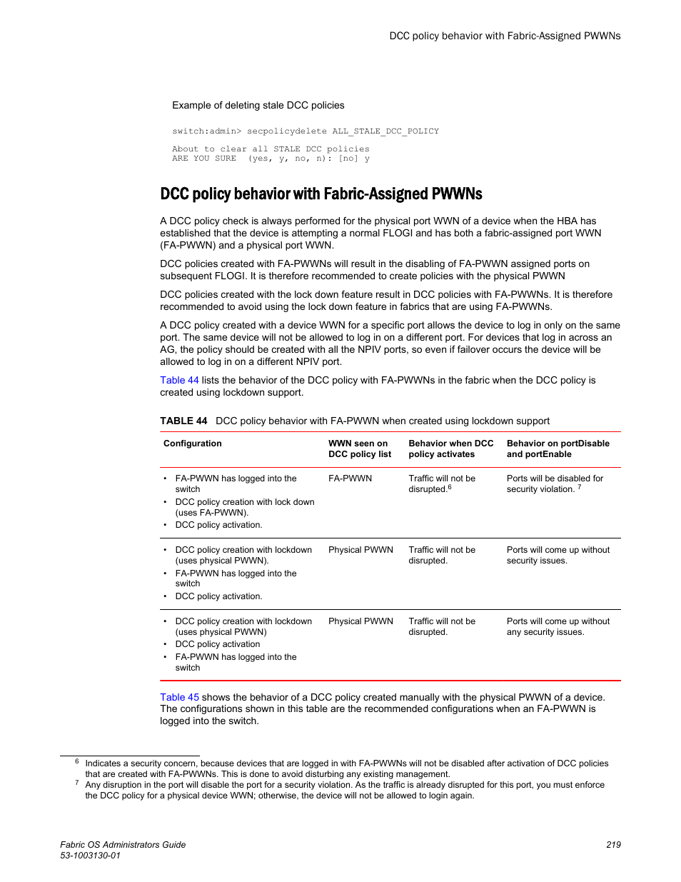 Dcc policy behavior with fabric-assigned pwwns | Brocade Fabric OS Administrators Guide (Supporting Fabric OS v7.3.0) User Manual | Page 219 / 622