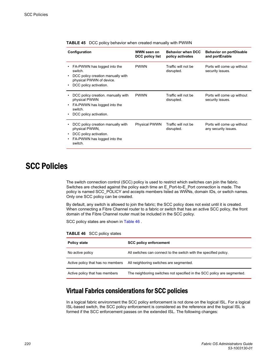 Scc policies, Virtual fabrics considerations for scc policies, Table 45 | Brocade Fabric OS Administrators Guide (Supporting Fabric OS v7.3.0) User Manual | Page 220 / 622