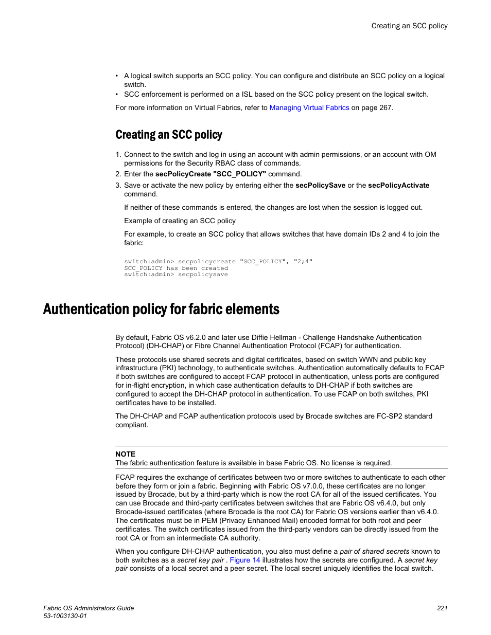 Creating an scc policy, Authentication policy for fabric elements | Brocade Fabric OS Administrators Guide (Supporting Fabric OS v7.3.0) User Manual | Page 221 / 622