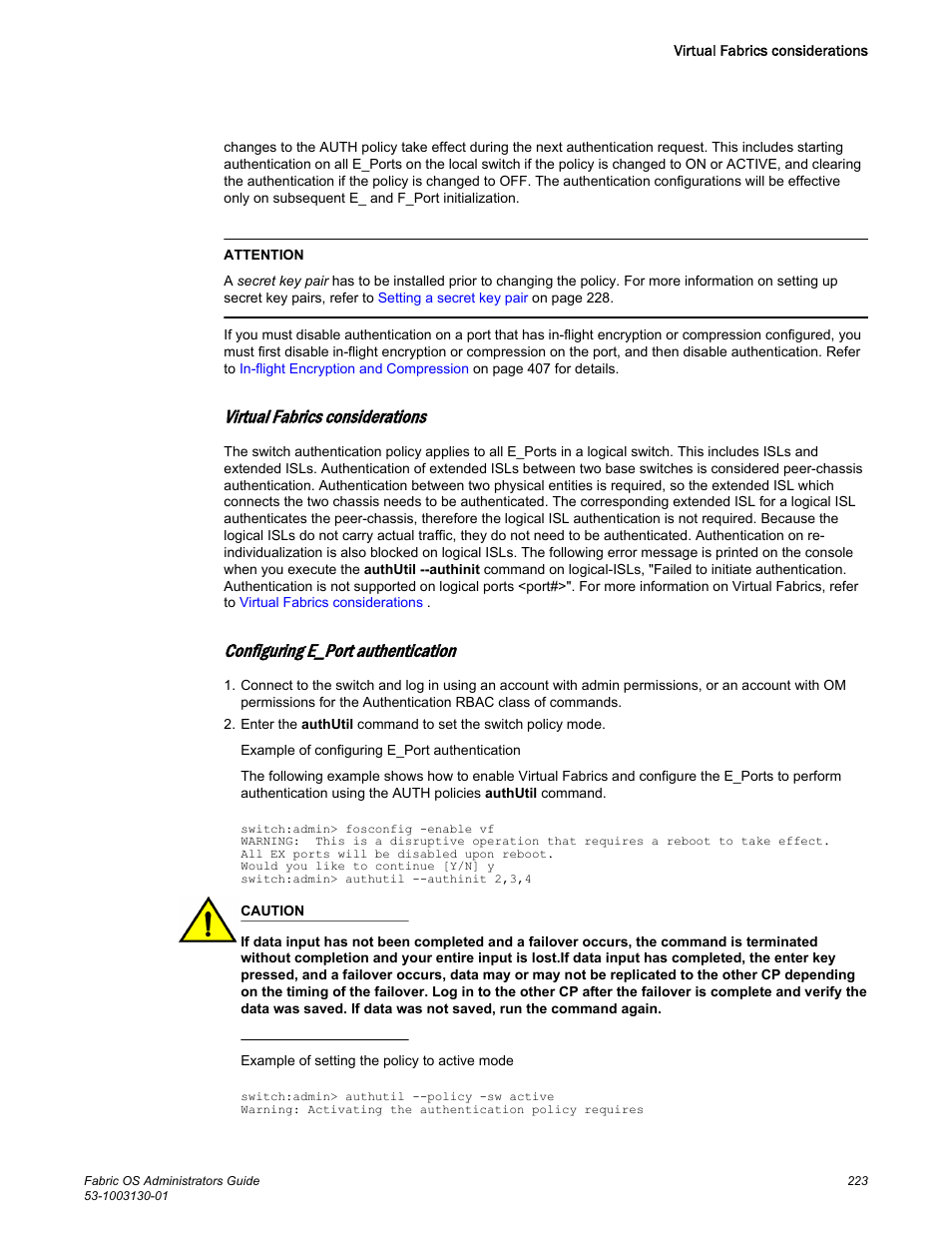 Virtual fabrics considerations, Configuring e_port authentication | Brocade Fabric OS Administrators Guide (Supporting Fabric OS v7.3.0) User Manual | Page 223 / 622