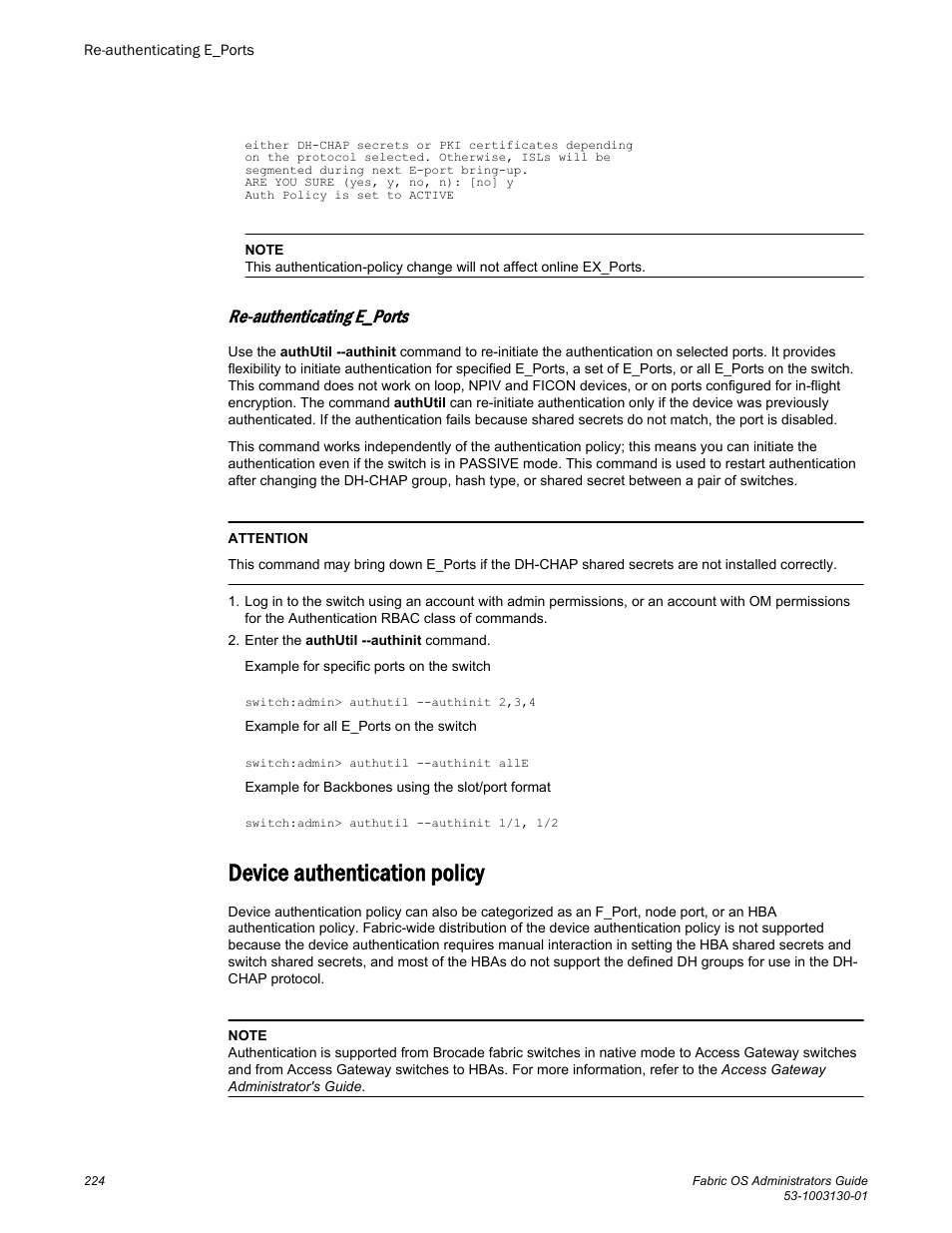 Re-authenticating e_ports, Device authentication policy | Brocade Fabric OS Administrators Guide (Supporting Fabric OS v7.3.0) User Manual | Page 224 / 622